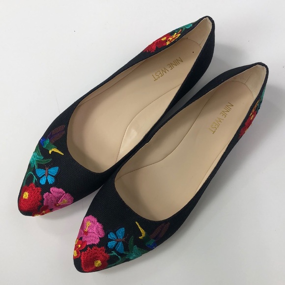 Nine West Shoes - NWOT Nine West Black Embroidered Pointed FlatS